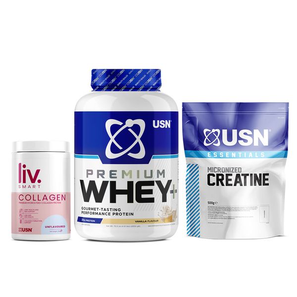 Whey+ Premium Protein (2 kg vanilla) + Essentials Micronized Creatine (500 g) + LivSmart Collagen (330 g unflavoured) 22533-01 фото