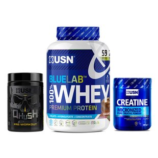 Blue Lab 100% Whey Premium Protein (2 kg caramel popcorn) + Micronized Creatine Monohydrate (500 g) + Qhush Black Pre-workout (220 g frosted lemon) 22534-01 фото